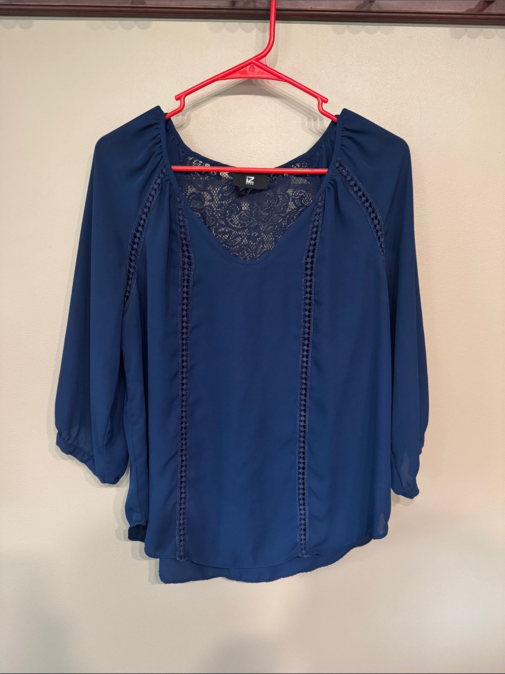 Iz Byer Deep Blue Lace-Inset V-Neck Blouse